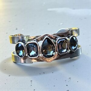 STATEMENT SILVER CUFF BRACELET LARGE FACETED SMOKY CRYSTALS –WOMEN’S BOLD DESIGN
